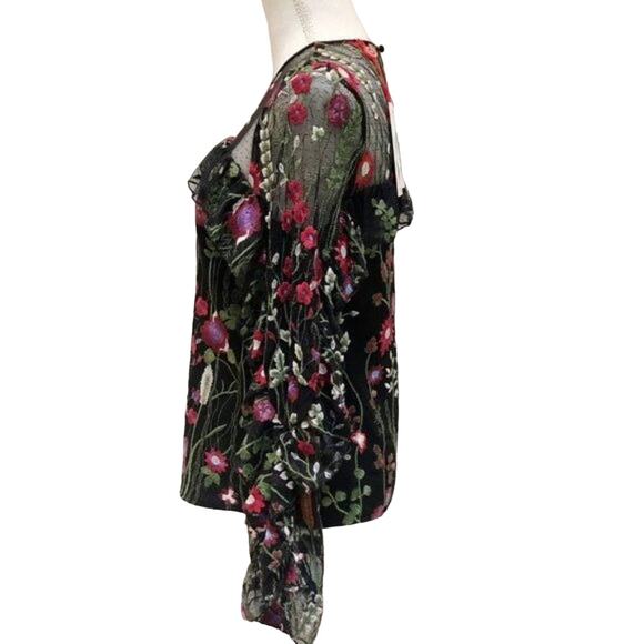 Red Carter Brianne Floral Embroidered Blouse Ruffle Sleeves Black Red  NWT S - Picture 4 of 11